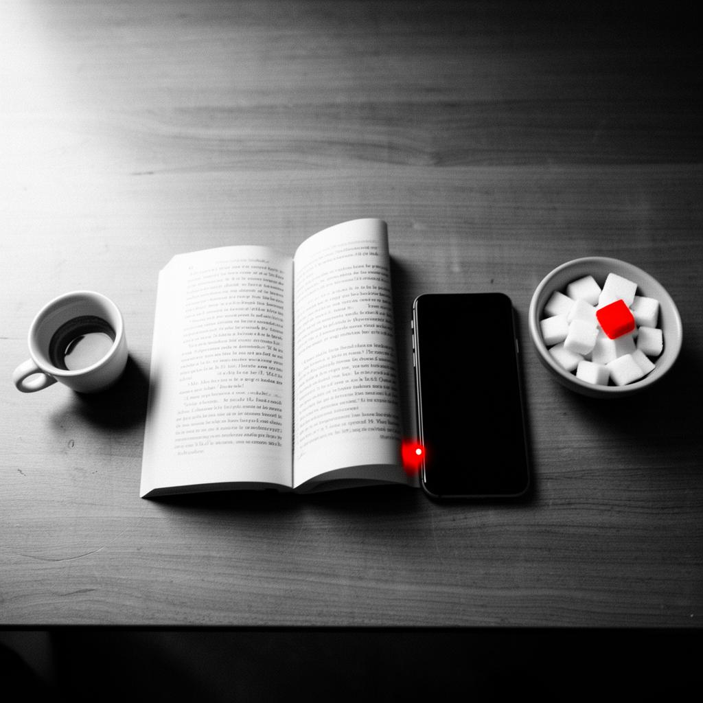 Editorial-Schwarz-Weiß-Foto mit rotem Akzent: ein offenes Buch und ein umgedrehtes Smartphone mit roter Benachrichtigungs-LED liegen auf einem Holztisch, daneben eine kleine Schale mit weißen Zuckerwürfeln, einer davon leuchtend rot