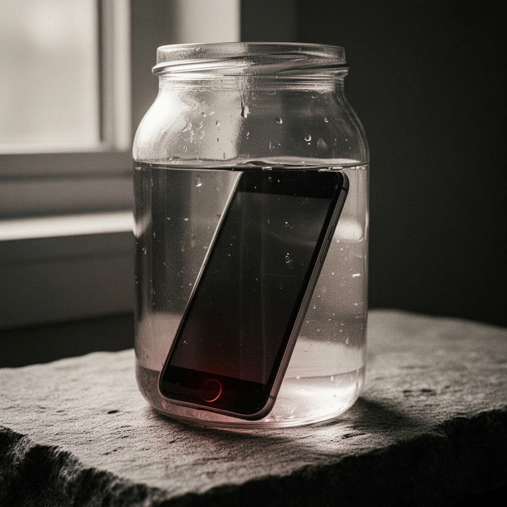 Editorial-Schwarz-Weiß-Foto mit rotem Akzent: ein Smartphone liegt in einem Glasgefäß mit Wasser auf einer rustikalen Steinoberfläche, weiches Licht fällt aus einem Fenster von links, der rote Home-Button des versenkten Displays glüht wie ein einzelner Leuchtpunkt unter Wasser
