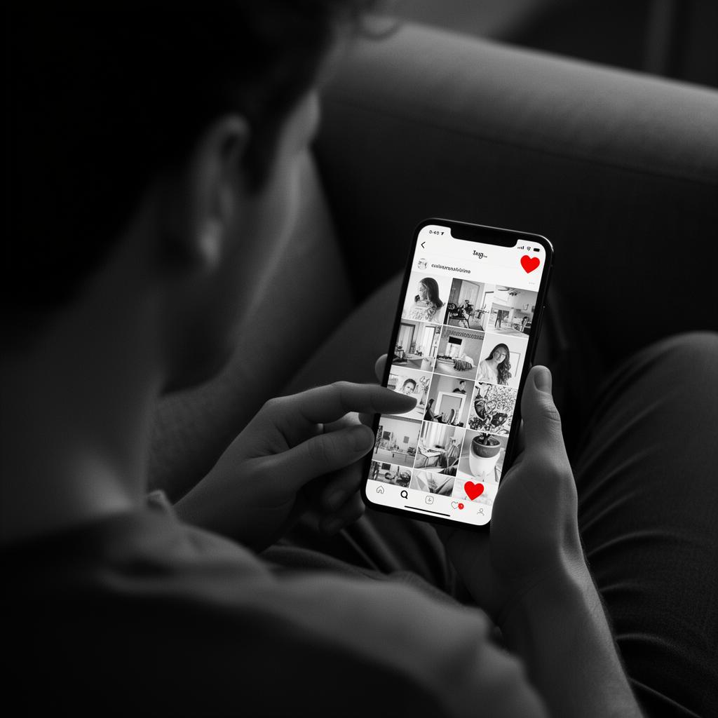 Editorial-Schwarz-Weiß-Foto: eine Person hält ein Smartphone im Dunkeln, auf dem Display leuchtet ein Social-Media-Feed in einem Raster aus Bildern, zwei rote Herzen-Icons heben sich als einzige Farbe ab