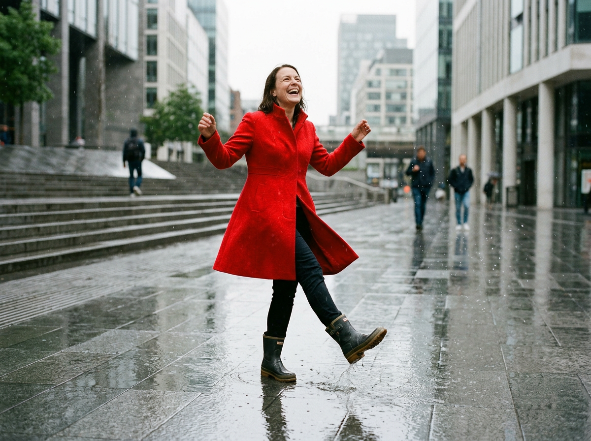 Frau im leuchtend roten Mantel tanzt lachend im Regen auf einem grauen städtischen Platz.