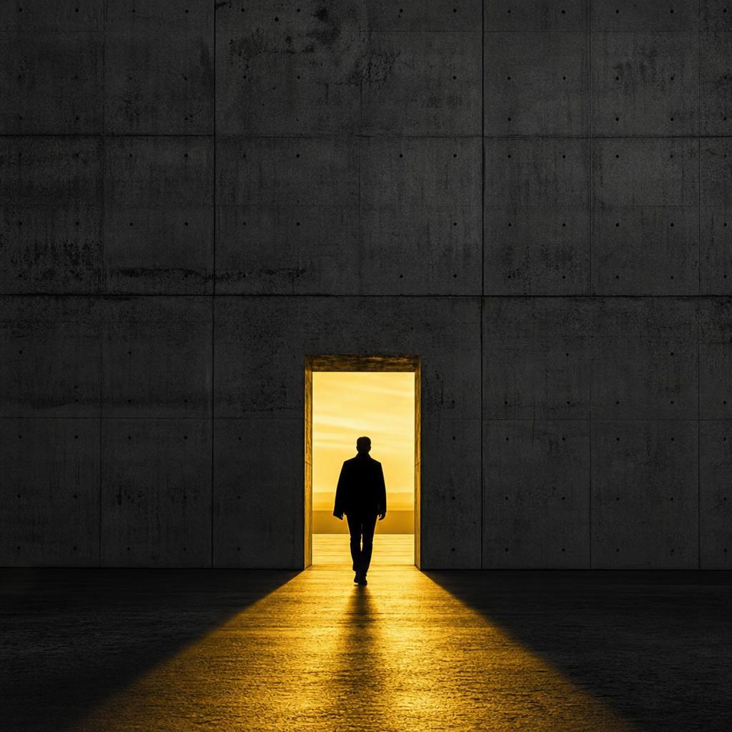 Cinematisches Schwarz-Weiß-Editorial-Foto: eine monumentale Betonwand mit einem kleinen, rechteckigen Durchbruch in der Mitte, durch den warm-goldenes Licht strömt. Eine einzelne menschliche Silhouette tritt durch die Öffnung, der goldene Lichtkegel ist die einzige Farbe im monochromen Bild — moderne Architektur, hoher Kontrast, Metapher für gesunkene Eintrittsbarrieren und KI-demokratisiertes Gründen.