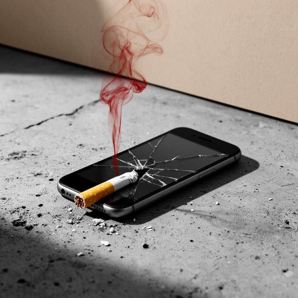 Editorial-Schwarz-Weiß-Foto mit rotem Akzent: ein Smartphone mit gesprungenem Display liegt auf rauem Beton, darauf eine brennende Zigarette, aus deren Glut ein roter Rauchschwaden aufsteigt
