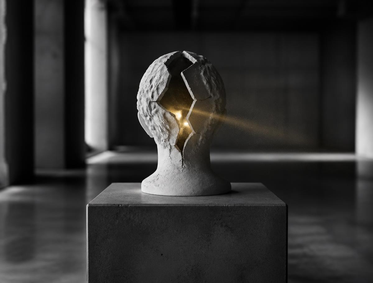 Modernes Schwarz-Weiß-Editorial-Foto in einer rohen Betonhalle: eine helle Skulptur eines menschlichen Kopfes steht auf einem nüchternen Betonsockel, die Rückseite des Schädels ist geometrisch aufgebrochen. Aus dem Riss tritt ein einzelner warm-goldener Lichtstrahl als einzige Farbe im monochromen Bild. Metapher für aufgebrochene Selbstgewissheit, Demut und die Frage, ob Denken wirklich exklusiv menschlich ist.