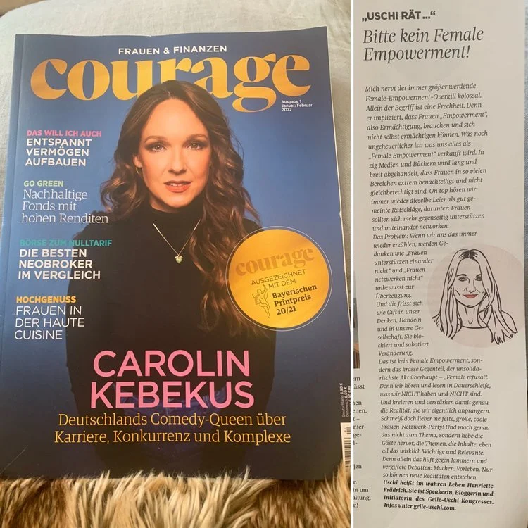 COURAGE-Magazin Januar/Februar 2022 (Cover Carolin Kebekus) mit der Uschi-Kolumne N°3 „Bitte kein Female Empowerment!“ von Henriette Frädrich · Dezember 2021