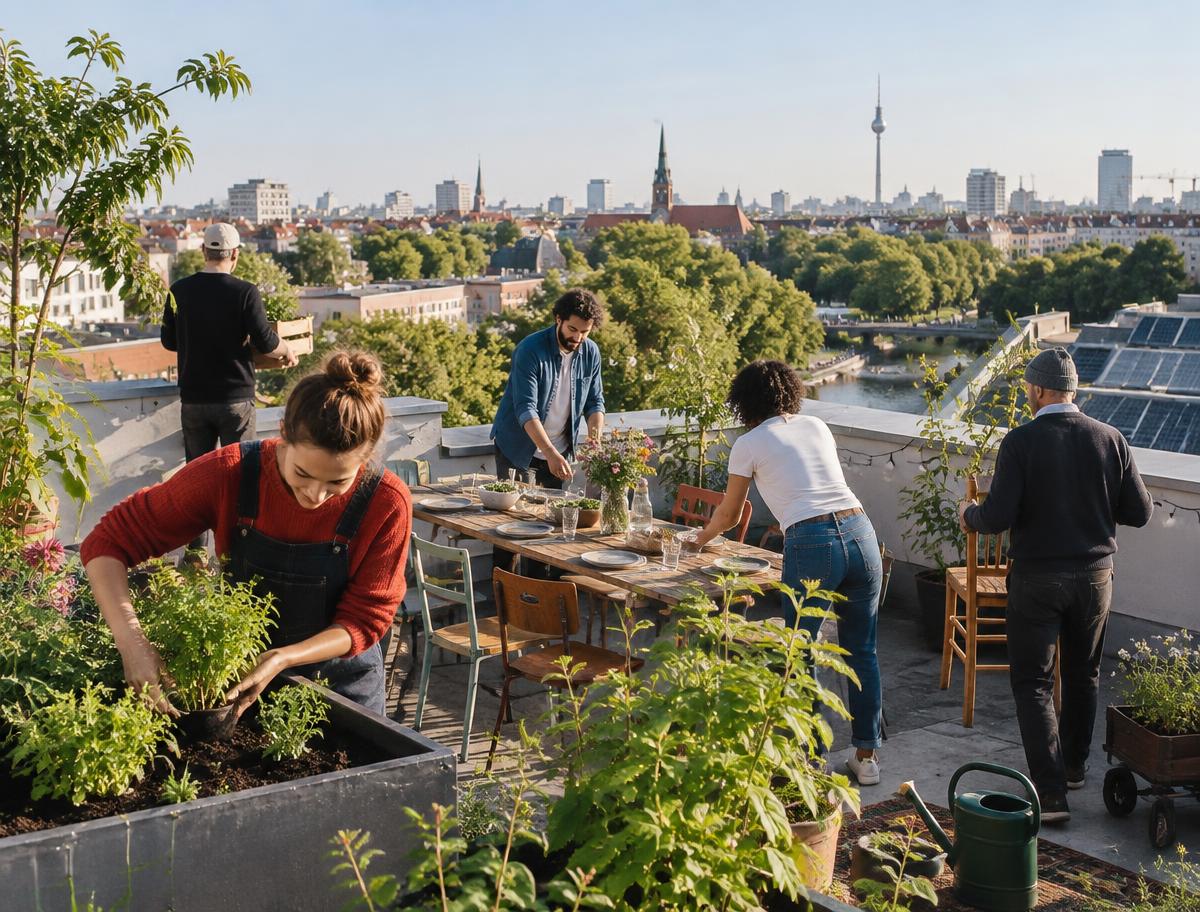 Menschen bepflanzen gemeinsam eine Dachterrasse und decken einen langen Tisch über einer grünen Stadt.