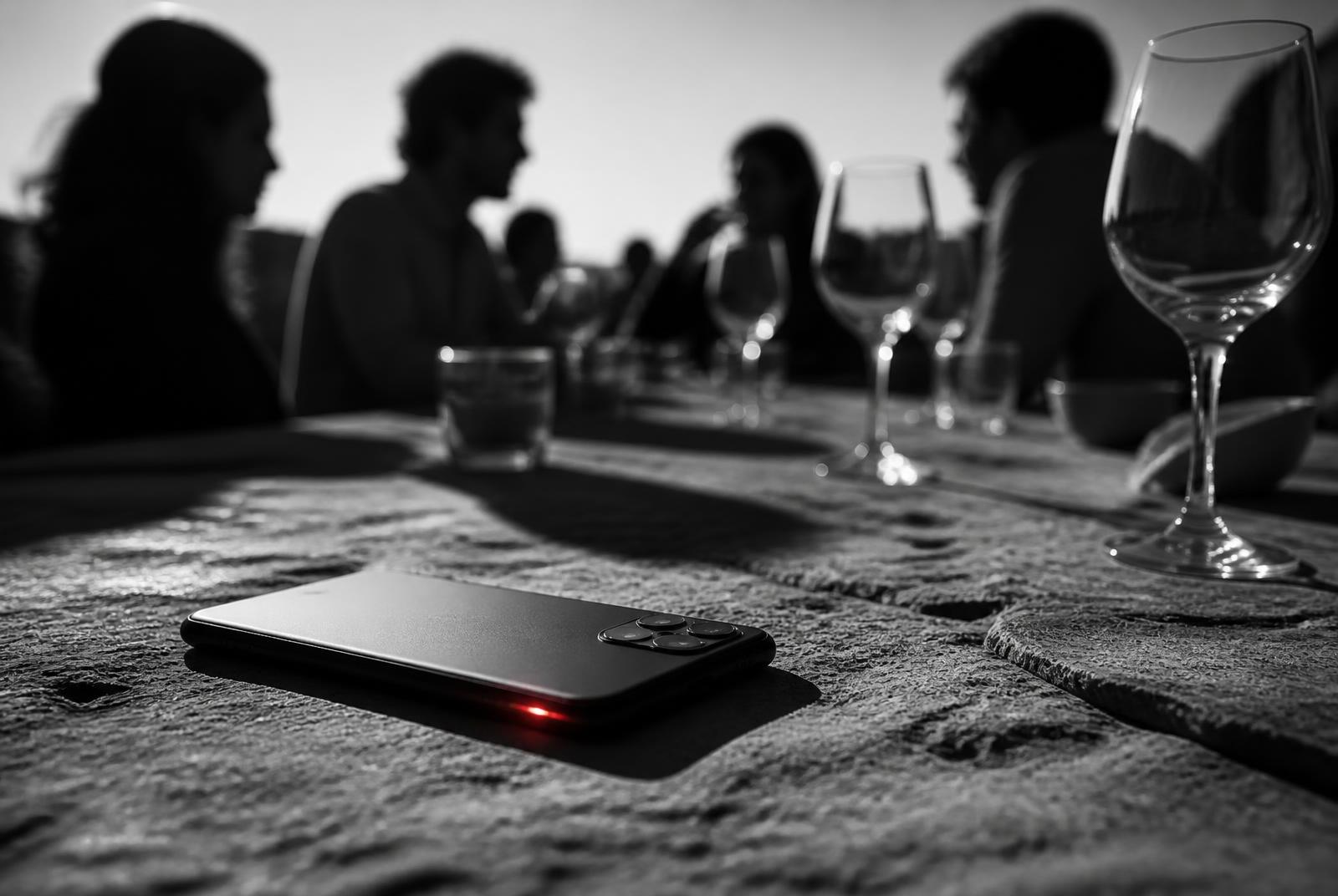 Editorial-Schwarz-Weiß-Foto mit einem einzigen roten Akzent: ein umgedreht liegendes Smartphone auf einem rauen Steintisch im provenzalischen Abendlicht, im unscharfen Hintergrund lachende Silhouetten an einer langen Tafel, am Rand des Telefons glimmt ein kleiner roter Lichtpunkt als einzige Farbe im Bild.