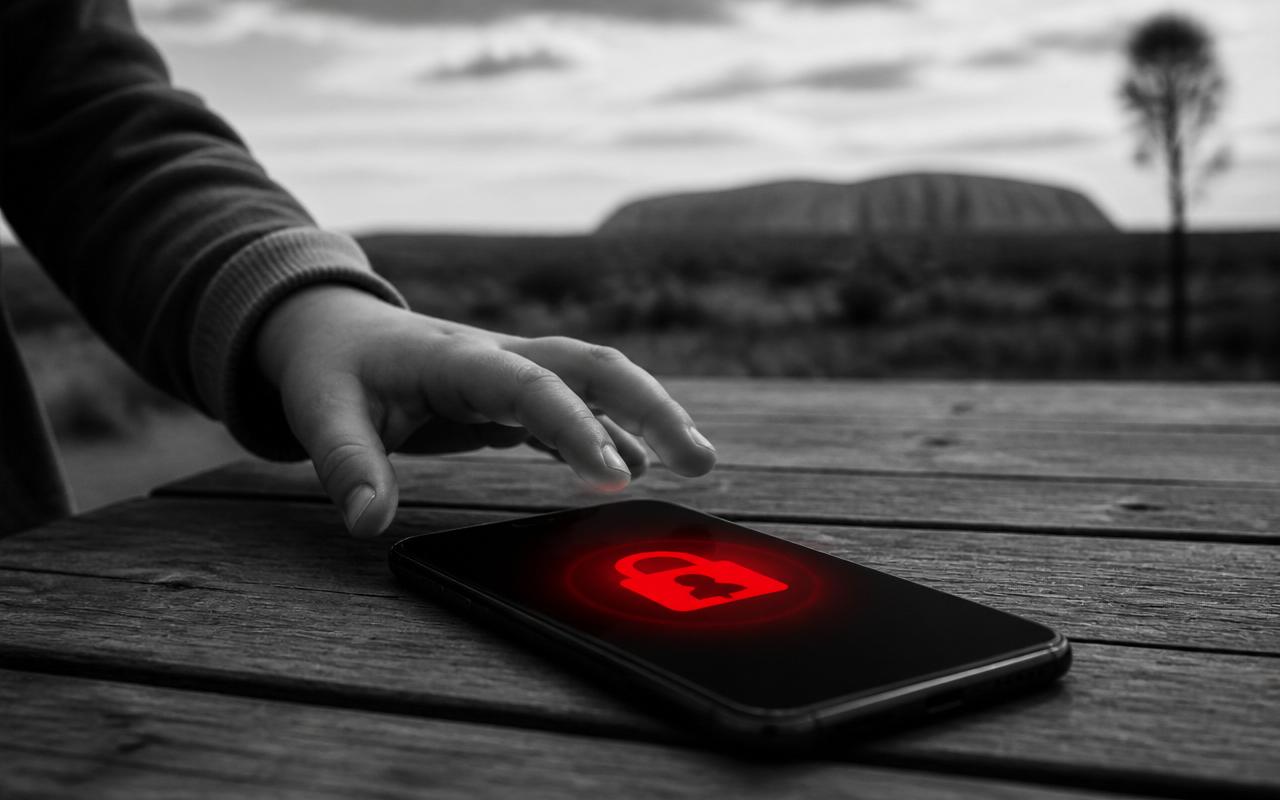 Editorial-Schwarz-Weiß-Foto mit rotem Akzent: eine Kinderhand greift nach einem Smartphone, dessen Display ein leuchtend rotes Schloss-Symbol als Altersverifikation zeigt, im Hintergrund eine verschwommene australische Outback-Silhouette