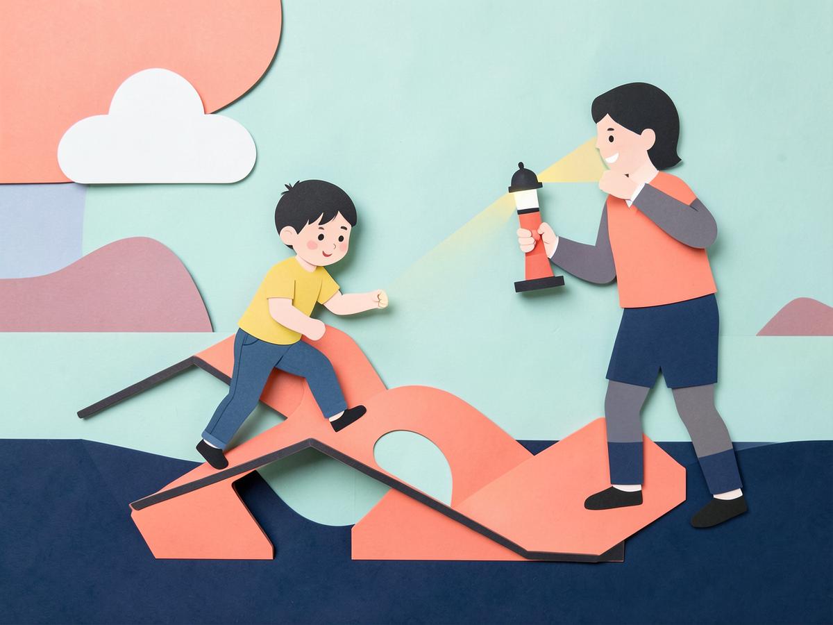 Poetische Kinderbuchillustration zweier Figuren unter einem leuchtenden Leuchtturm im bewegten Meer.