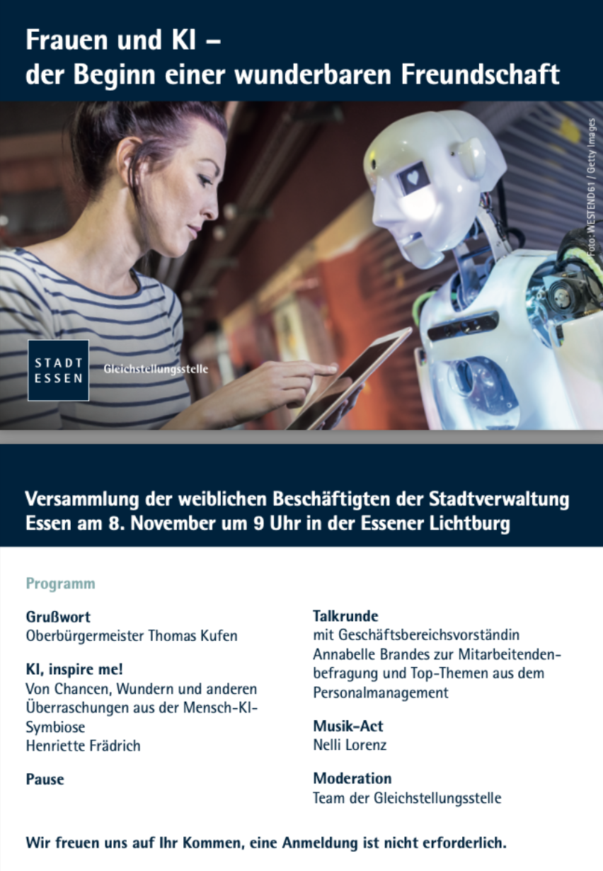 Eventankündigung der Stadt Essen zum Mitarbeiterinnen-Event „Frauen und KI“ mit Henriette Frädrich