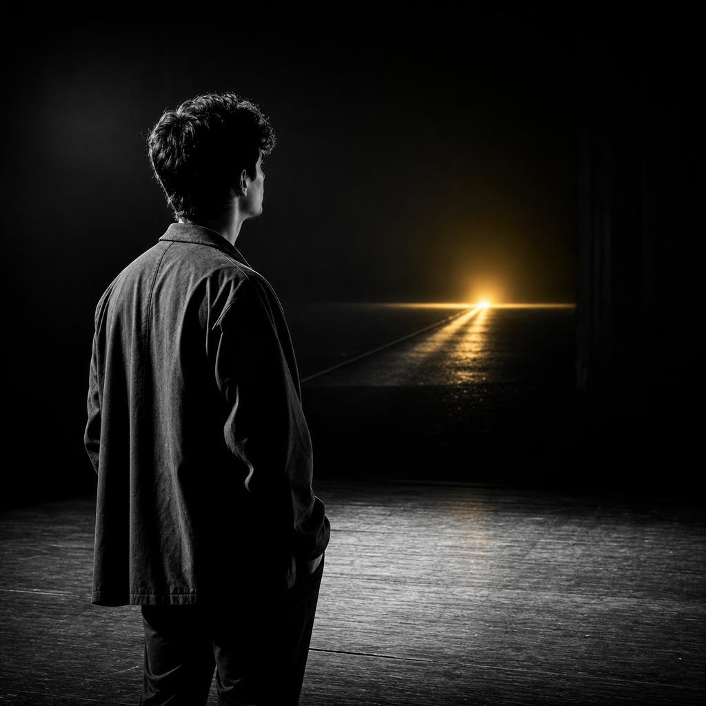 Schwarz-Weiß-Editorial-Foto in hohem Kontrast: eine junge Person steht von hinten am Rand einer dunklen Bühne und blickt auf einen fernen, warm-goldenen Lichtpunkt am Horizont — die einzige Farbe im Bild. Metapher für Neuanfang, unbekannte Wege und den Mut, das Leben erst unterwegs zu entstehen.