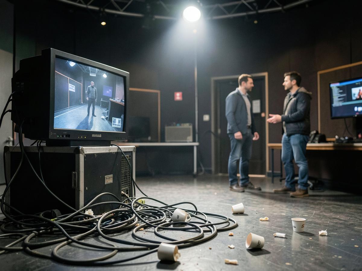 Cineastisches Ensemblebild hinter den Kulissen einer hektischen morgendlichen Fernsehsendung.