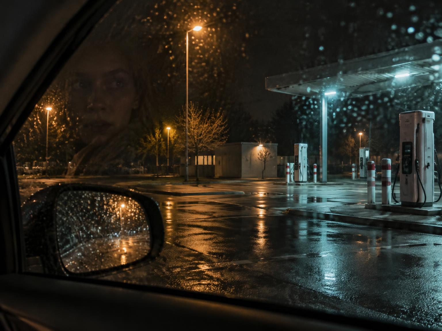 Blick aus einem Auto durch eine regennasse Scheibe auf einen menschenleeren Ladepark bei Nacht.