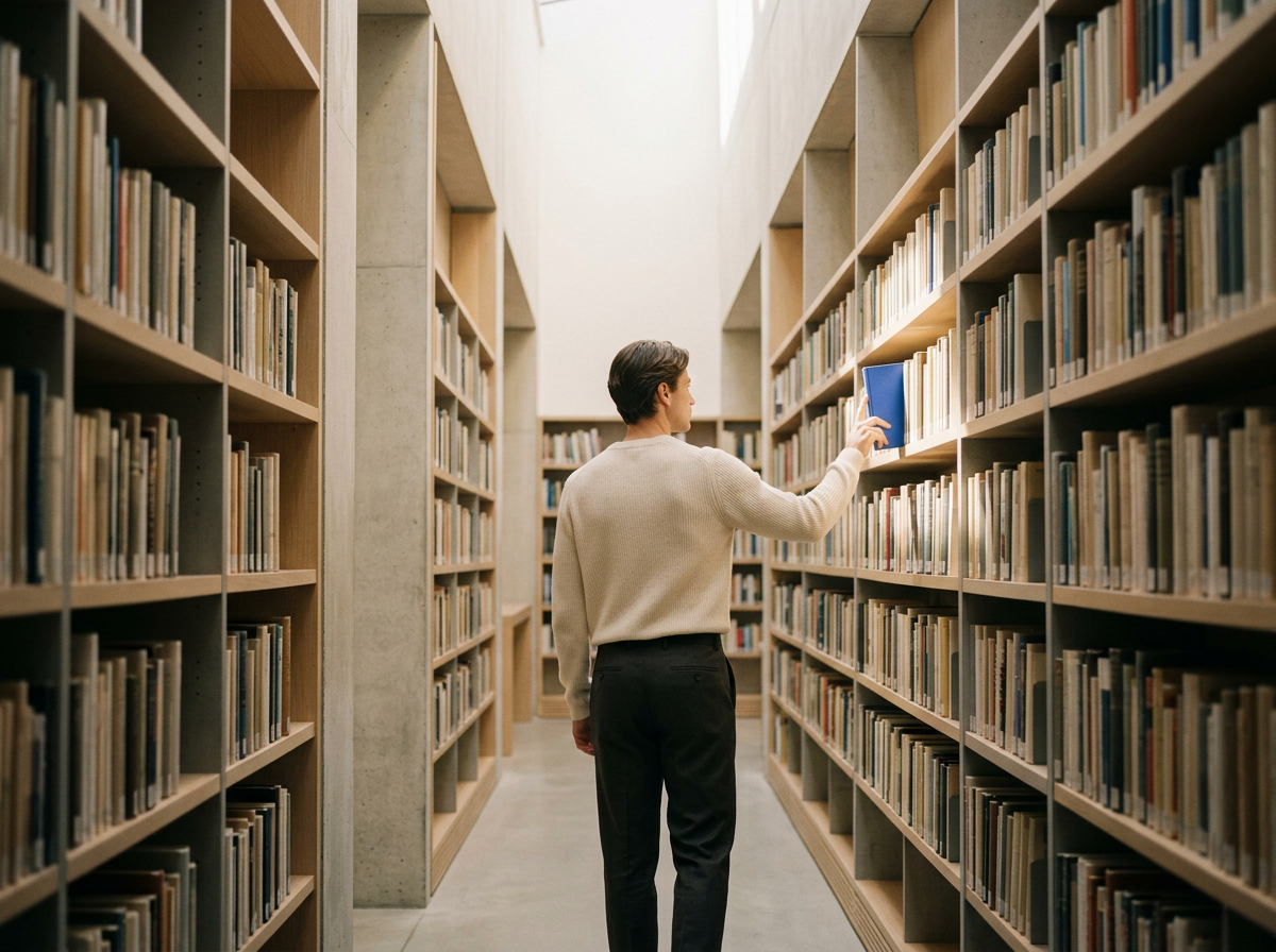 Person entdeckt in einer hellen modernen Bibliothek ein einzelnes blaues Buch im Licht.
