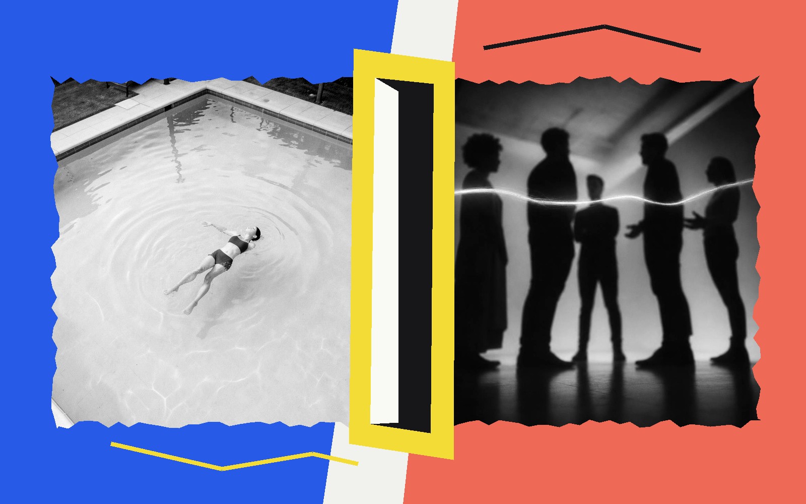 Farbige Collage mit gerissenen Fotokanten: links eine Person entspannt allein im Wasser, rechts eine miteinander verbundene Gruppe; eine offene gelbe Tür zwischen Rückzug und Gemeinschaft.