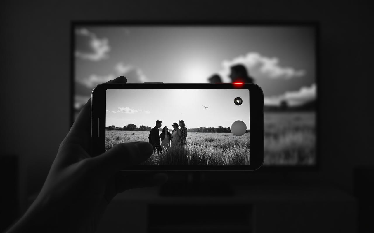 Editorial-Schwarz-Weiß-Foto mit rotem Akzent: eine Hand hält ein Smartphone im Querformat, auf dem Bildschirm ein sonnenbeschienenes Feld mit Menschen, dahinter ein dunkler TV-Bildschirm mit derselben Szene — Meta-Kommentar zur Selbstinszenierung im Feed