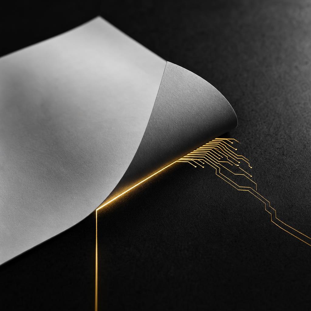 Cinematisches Schwarz-Weiß-Editorial-Foto: ein einzelnes weißes Blatt Papier auf dunkler Oberfläche, dessen Kante sich aufrollt, während ein dünner warm-goldener Lichtfaden wie eine Leiterbahn aus dem Papier in den Schatten läuft — die einzige Farbe im monochromen Bild. Moderne Metapher für Verlage, Text und KI-Zukunft.