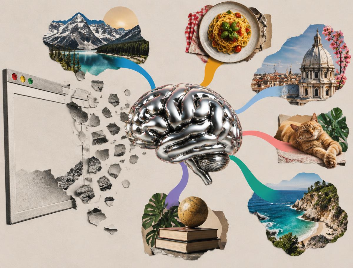 Knallige Infografik-Collage, in der Suchschlitze, Textfragmente und algorithmische Wege neu sortiert werden.