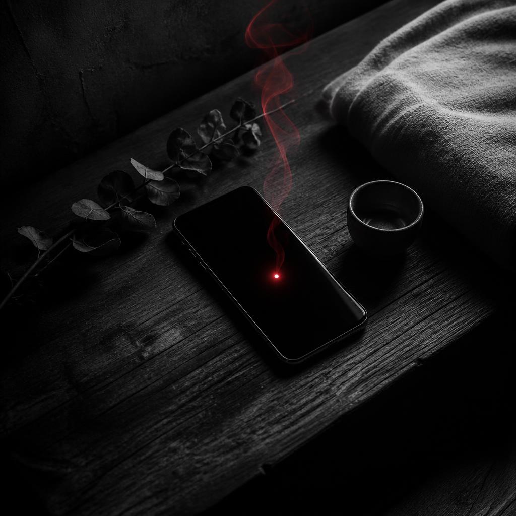 Editorial-Schwarz-Weiß-Foto mit rotem Akzent: ein Smartphone auf einem dunklen Wellness-Holztisch neben Eukalyptus und einer leeren Keramikschale, ein roter Benachrichtigungspunkt glüht wie eine Zigarettenkohle, ein dünner roter Rauchschwaden steigt auf