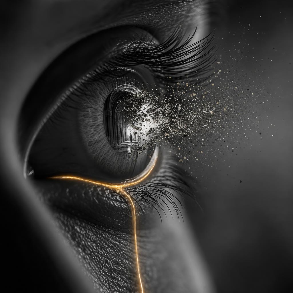 Cinematisches Schwarz-Weiß-Editorial-Foto im Profil: ein menschliches Auge, dessen Oberfläche wie ein Spiegel wirkt. In der Pupille spiegelt sich eine unmögliche, traumhafte Form, die in feine Partikel zerfließt, als würde Fantasie in die Realität sickern. Ein einzelner dünner warm-goldener Lichtriss läuft wie eine Träne vom unteren Augenlid herab — die einzige Farbe im monochromen Bild. Metapher für Halluzination, menschliche Vorstellungskraft und die verschwommene Grenze zwischen Wahrnehmung und maschinell erzeugter Fiktion.