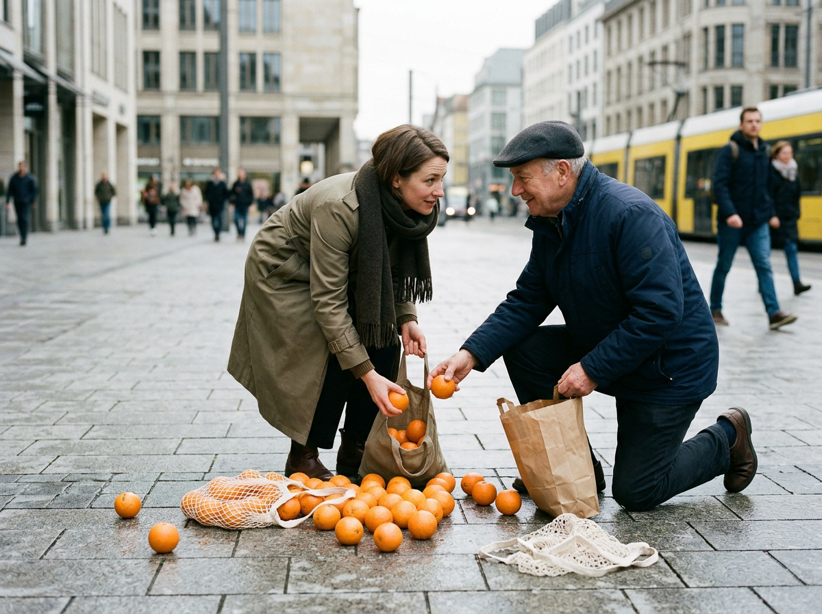 Zwei einander fremde Menschen sammeln gemeinsam verstreute Orangen auf einem städtischen Platz auf.
