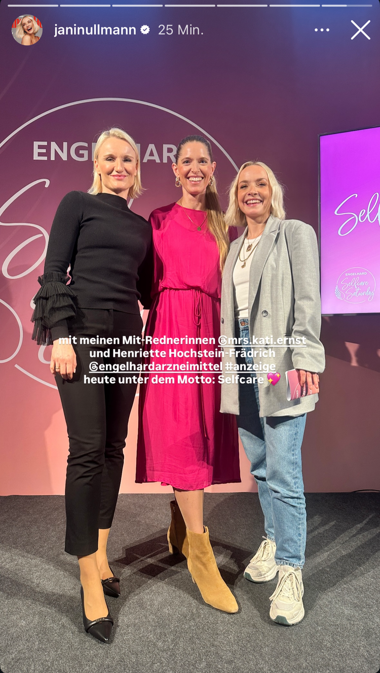 Henriette Hochstein-Frädrich mit Janin Ullmann und Dr. Kati Ernst auf der Bühne der Engelhard Selfcare Saturdays 2026 Pressekonferenz in Niederdorfelden