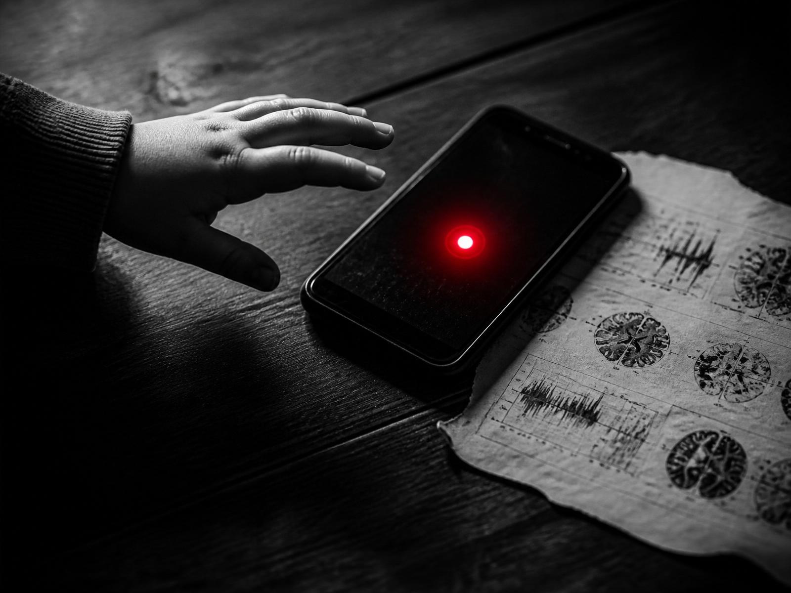 Editorial-Schwarz-Weiß-Foto mit rotem Akzent: eine kleine Kinderhand greift nach einem Smartphone auf dunklem Holz, auf dem Display glüht ein leuchtend roter Warnpunkt, daneben eine zerrissene DAK-Studie mit Hirnscans und Charts