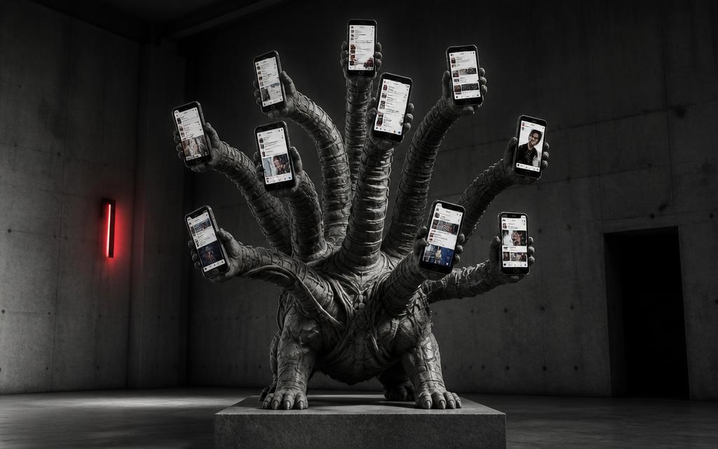 Editorial-Schwarz-Weiß-Foto mit einem einzigen roten Akzent: eine steinerne Hydra-Skulptur in einem Betonraum, deren zahlreiche Hälse in Händen enden, die jeweils ein Smartphone mit Social-Media-Feed hochhalten; an der Wand glimmt eine schmale rote Neonlinie als einzige Farbe im Bild.