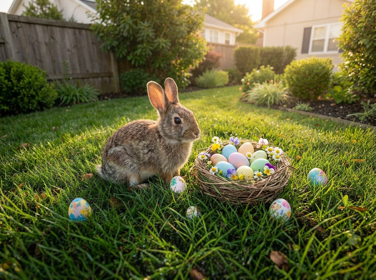 Niedlicher junger Osterhase sitzt im grünen Frühlingsgras neben einem Nest mit bunten Eiern und Blumen.