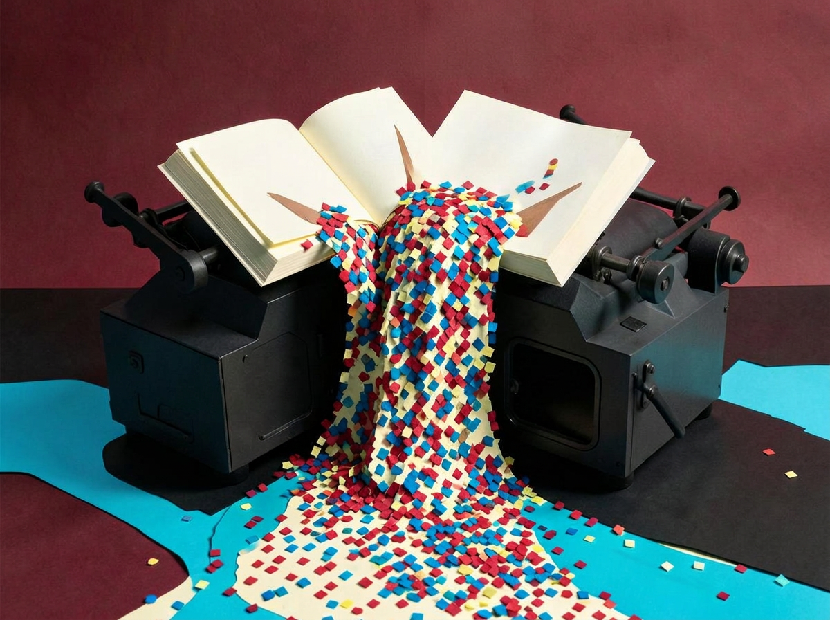 Haptische Papiercollage aus Buchseiten, Druckraster und digitalen Fragmenten.