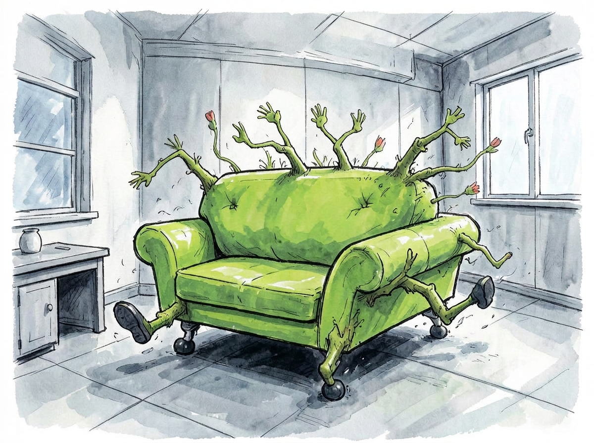 Absurde Editorial-Collage einer frei schwebenden Couch in einer sachlichen Bürowelt.