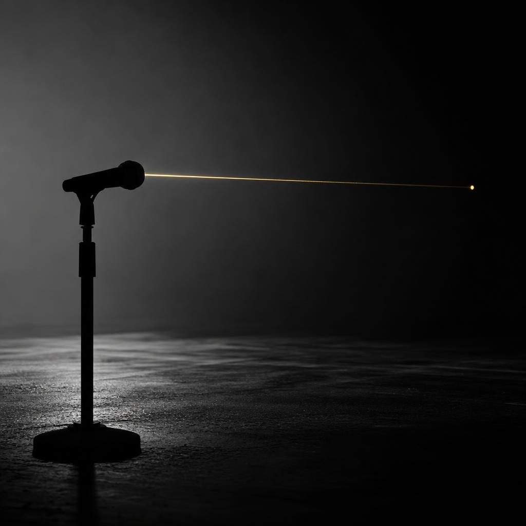Cinematisches Schwarz-Weiß-Editorial-Foto: ein einzelnes Mikrofon in Silhouette auf einer dunklen, leeren Bühne. Ein dünner warm-goldener Strahl verlässt das Mikrofon wie ein Suchfaden und verbindet sich mit einem fernen goldenen Punkt — die einzige Farbe im monochromen Bild. Minimale, hochkontrastierende Metapher für präzises Matching zwischen Speaker:in und Unternehmen.