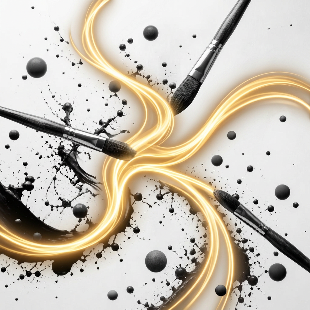 Schwarz-Weiß-Editorial-Artwork in hohem Kontrast: schwebende Künstlerpinsel hinterlassen dynamische Lichtbogen als einzigen warm-goldenen Akzent im monochromen Bild — eine verspielte Metapher für kreatives Leben, Mut und Big Magic.