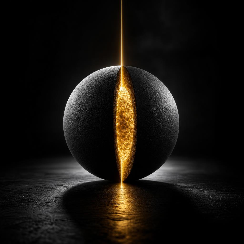 Schwarz-Weiß-Editorial-Foto in hohem Kontrast: eine mattschwarze, texturierte Kugel wird von einem hauchdünnen, warm-goldenen Lichtstrahl sauber halbiert und legt einen glühenden, warm-goldenen Kern frei — die einzige Farbe im monochromen Bild. Metapher für First-Principle-Thinking und das Freilegen des Nucleus eines Problems.