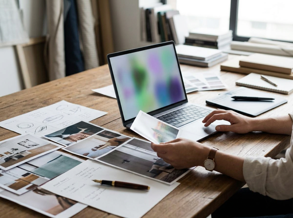 Kreativer Arbeitsplatz, an dem eine Person Fotografien und Notizen gemeinsam mit einem digitalen Werkzeug bearbeitet.