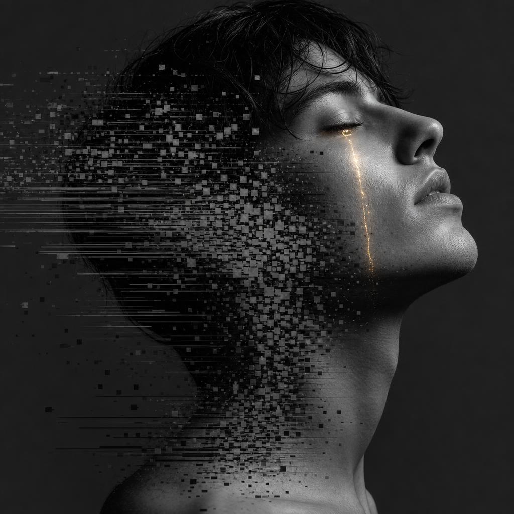 Cinematisches Schwarz-Weiß-Editorial-Porträt im Profil: Ein Gesicht mit geschlossenen Augen, dessen Hinterkopf und Hals in digitale Pixel und Scan-Lines zerfallen, als würde die Identität aufgelöst. Ein einzelner warm-goldener Lichtriss läuft wie eine Träne vom Augenwinkel die Wange hinab — die einzige Farbe im monochromen Bild. Metapher für Deepfakes, Realitätsverlust und die Auflösung von Wahrheit.