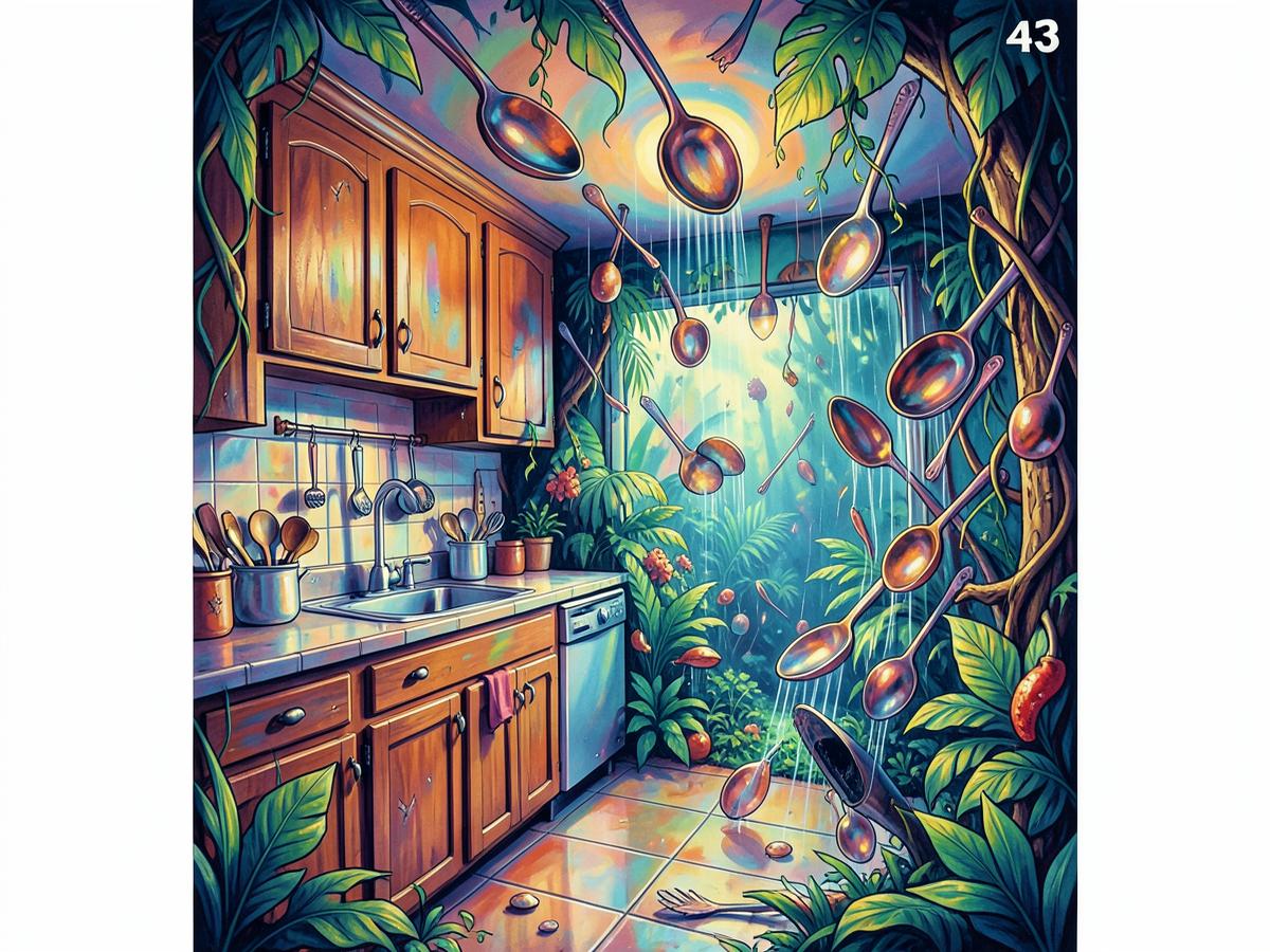 Psychedelische Airbrush-Szene aus unmöglichen Objekten und traumartig ineinanderlaufenden Räumen.