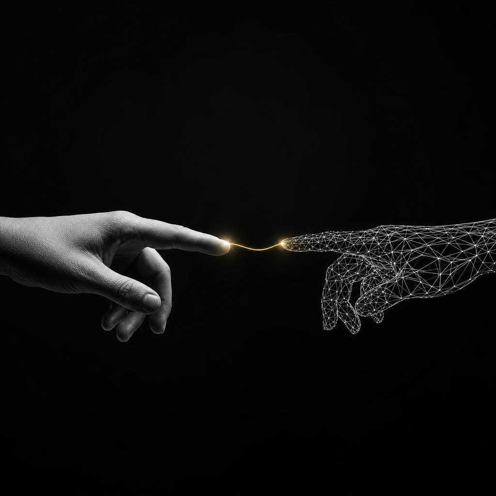 Schwarz-Weiß-Editorial-Foto in hohem Kontrast: eine menschliche Hand und eine filigrane geometrische Drahtgitter-Hand reichen sich die Fingerspitzen entgegen, verbunden durch einen einzigen dünnen, warm-goldenen Lichtfaden — die einzige Farbe im monochromen Bild. Metapher für die kraftvolle, sensible Partnerschaft von Mensch und Maschine, Herz und Hirn.