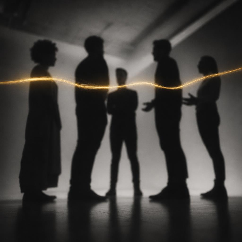 Cinematisches Schwarz-Weiß-Editorial-Foto: mehrere Menschensilhouetten in einem lockeren Kreis, zwischen ihnen ein einzelner warm-goldener Lichtfaden, der sie verbindet — die einzige Farbe im monochromen Bild. Metapher für Vertrauen, Team und ehrliche Kommunikation.