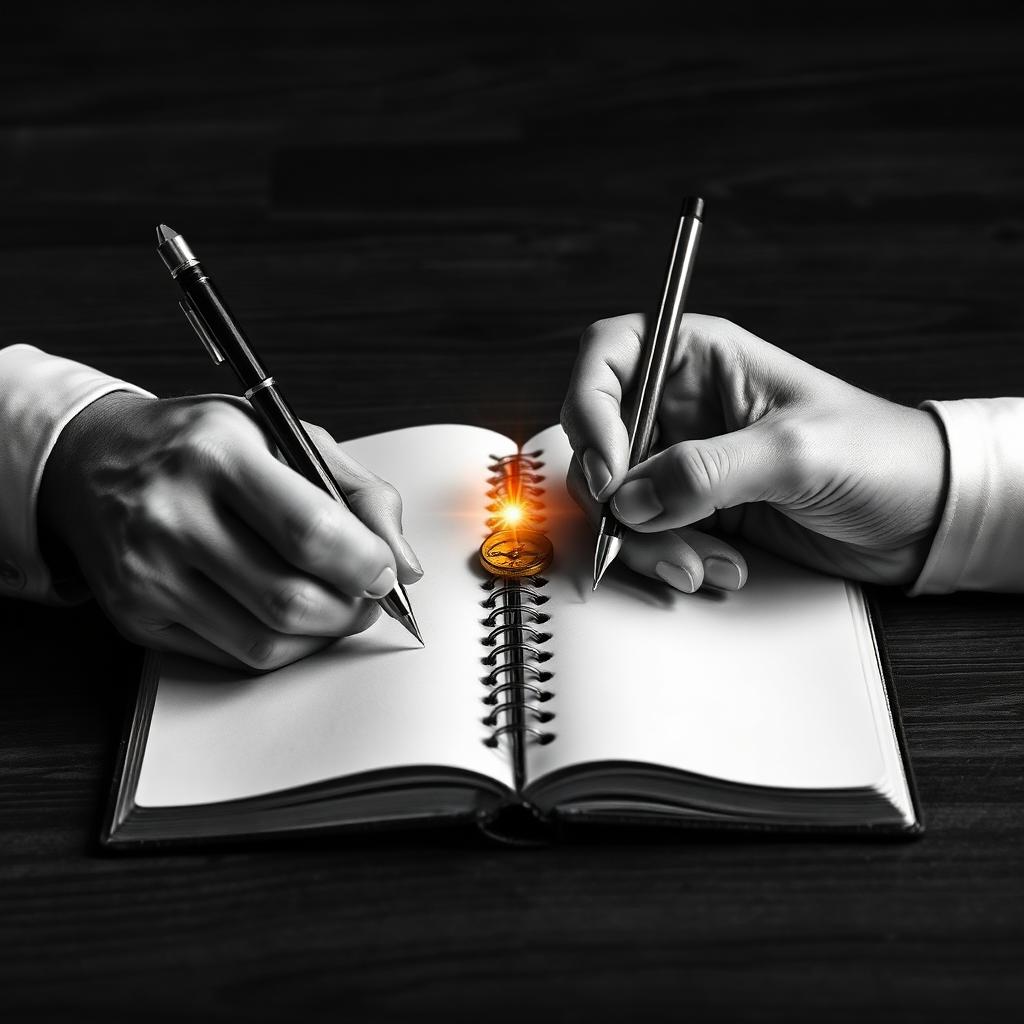 Cinematisches Schwarz-Weiß-Editorial-Stillleben auf dunklem Holz: zwei Hände schreiben spiegelbildlich gleichzeitig in ein aufgeschlagenes Vintage-Notizbuch – links mit klassischer Feder, rechts mit modernem Stylus – dazwischen ein warm-goldenes leuchtendes Zahnrad als einzige Farbe im monochromen Bild. Metapher für Ambidextrie, Beidhändigkeit, Exploration und Exploitation.