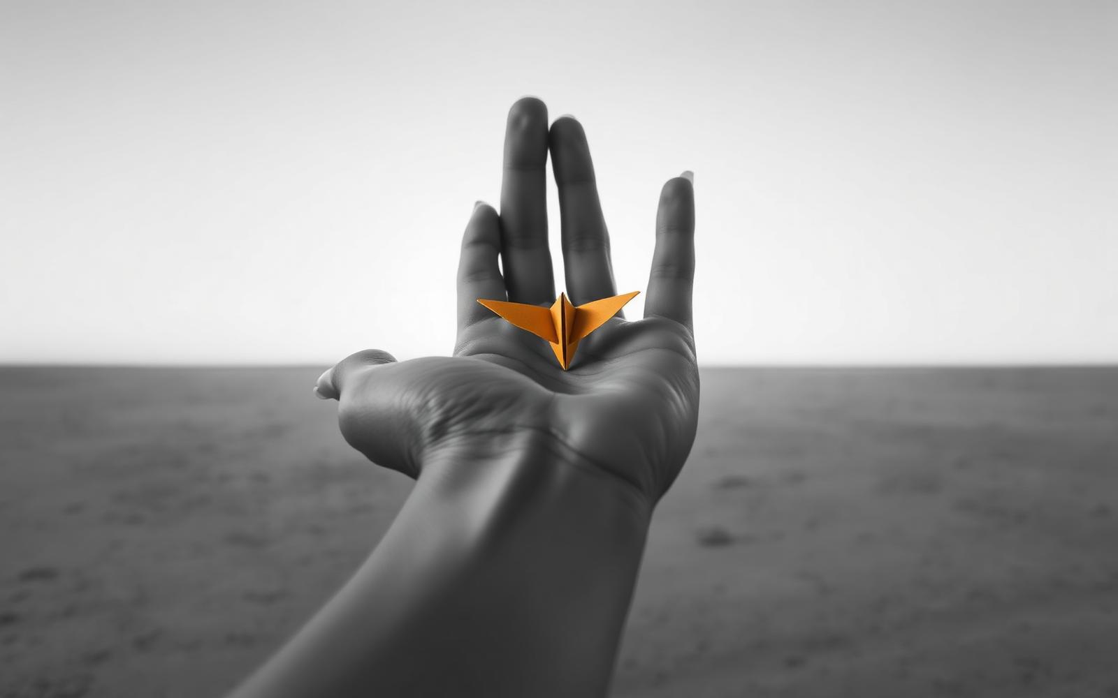 Cinematisches Schwarz-Weiß-Editorial-Stillleben: eine offene Hand hält einen kleinen warm-goldenen Origami-Vogel vor einem weiten, ruhigen Horizont — der Vogel als einzige Farbe im monochromen Bild, Metapher für ein Angebot, das man der Welt frei anbieten darf.