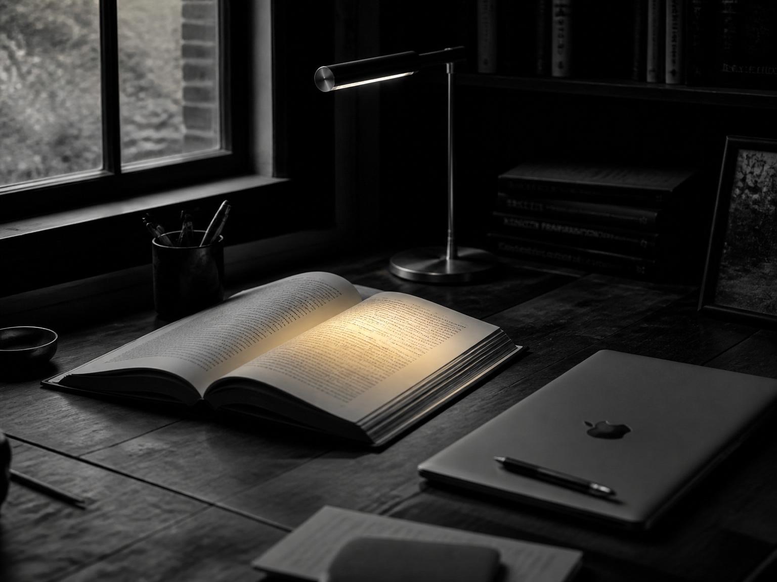 Cinematisches Schwarz-Weiß-Editorial-Stillleben: ein aufgeschlagenes Buch auf einem Holzschreibtisch, daneben ein geschlossenes Laptop. Eine kleine Leselampe wirft warmes goldenes Licht auf eine Textpassage — die einzige Farbe im monochromen Bild, Metapher für Urteilskraft und Wissen.