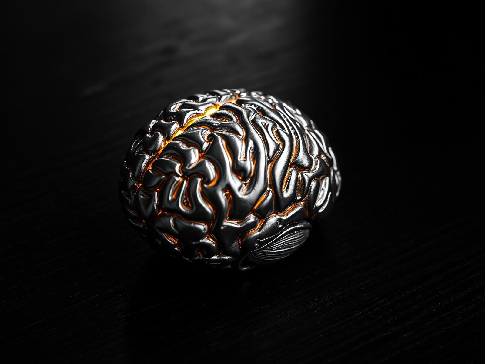 Cinematisches Schwarz-Weiß-Editorial-Stillleben auf dunklem Holz: eine anatomische Gehirn-Skulptur aus poliertem Silber, deren obere Krone (der Cortex) warm-golden glüht als einzige Farbe im monochromen Bild — Metapher für den Cortex als Ort des klaren, ruhigen, empathischen Denkens.