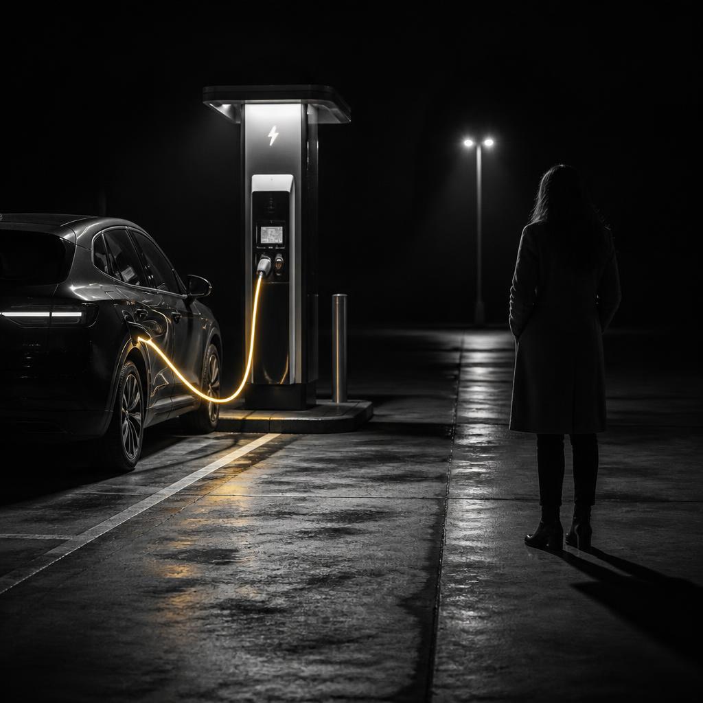 Cinematisches Schwarz-Weiß-Editorial-Nachtfoto: ein einzelnes Elektroauto an einer Ladesäule auf einem dunklen, leeren Parkplatz bei Nacht, das Ladekabel leuchtet in einem einzelnen warm-goldenen Glimmen als einzige Farbe im monochromen Bild — chiaroscuro-Studio-Noir-Stimmung, Metapher für Isolation, stille Wachsamkeit und den Gendergap in der Mobilität.