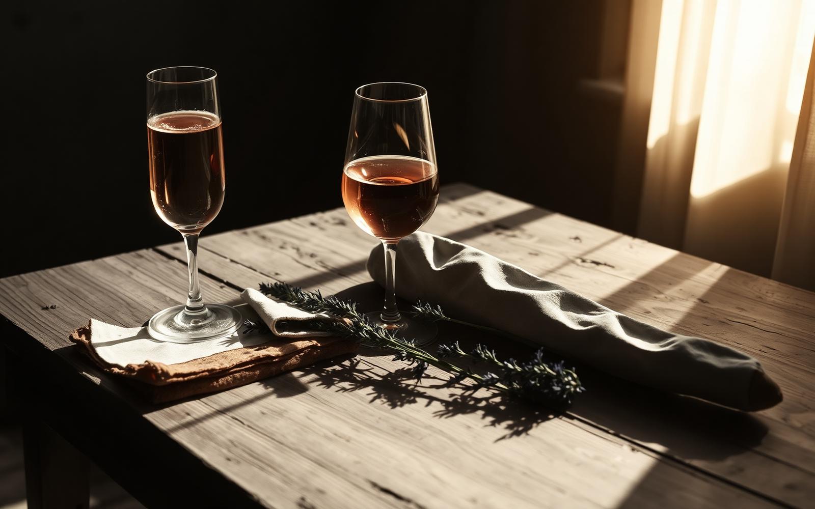 Cinematisches Schwarz-Weiß-Editorial-Stillleben auf grobem Holztisch: zwei Gläser Rosé und Champagner, ein Zweig Lavendel, ein Leinentuch und ein Baguette, warm-goldenes Nachmittagslicht als einzige Farbe im monochromen Bild — Metapher für einen Sommer in der Provence.