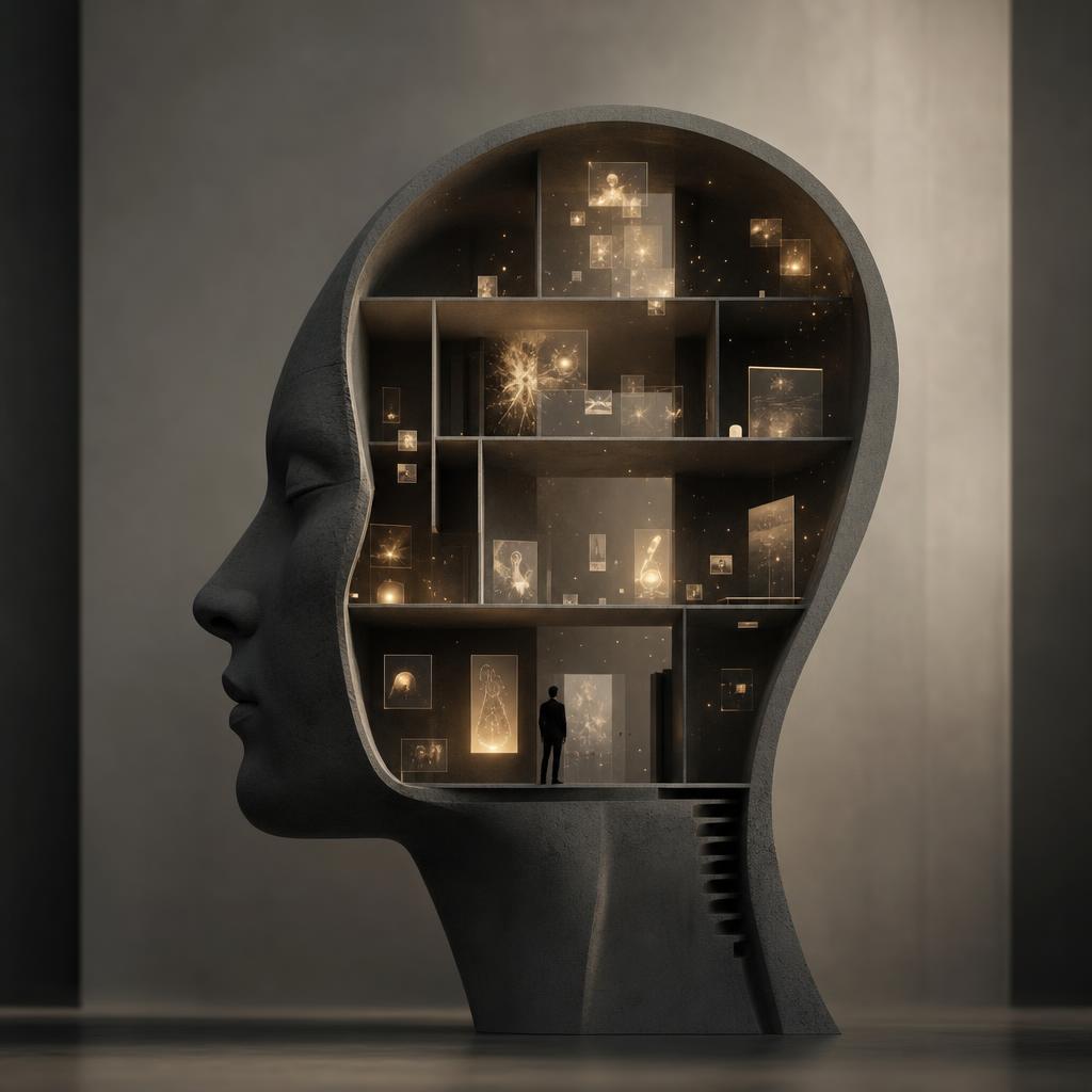 Modernes surreales Editorial-Artwork: ein menschlicher Kopf im Profil, geöffnet wie ein minimalistisches Archiv mit geometrischen Fächern, in denen leuchtende Erinnerungsfragmente schweben — warmes goldenes Licht als einzige Farbe im reduzierten Charcoal- und Off-White-Raum, Metapher für das Gehirn als lebendige Bibliothek.