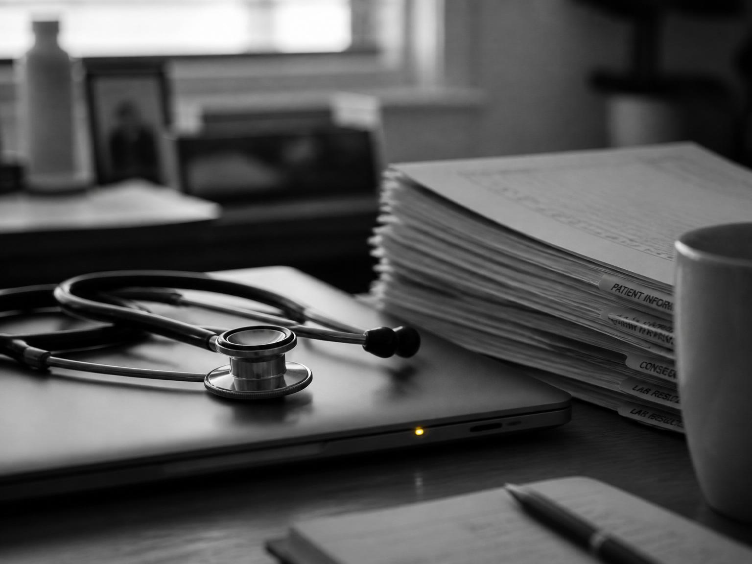 Cinematisches Schwarz-Weiß-Editorial-Stillleben eines Arzt-Schreibtisches: ein Stethoskop liegt auf einem geschlossenen Laptop, daneben ein Stapel Patientenakten. Eine kleine warm-goldene LED am Laptop glimmt — die einzige Farbe im monochromen Bild, Metapher für KI-Einzug in die Praxis.