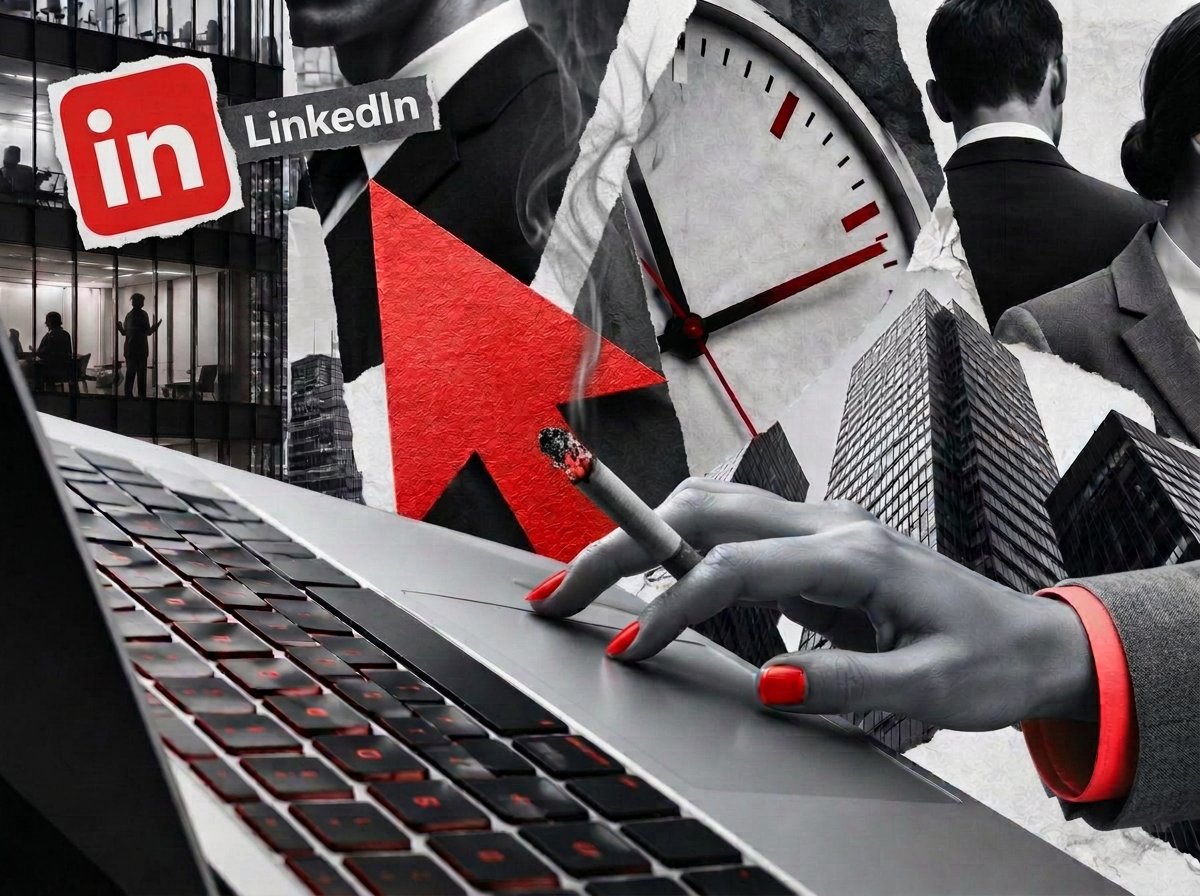 Schwarzweiße Fotocollage mit rotem LinkedIn-Signet und Schriftzug, rotem Mauszeiger, Hand am Laptop-Trackpad mit brennender Zigarette, Zifferblatt und Bürohochhäusern – die digitale Raucherpause im Büroalltag.