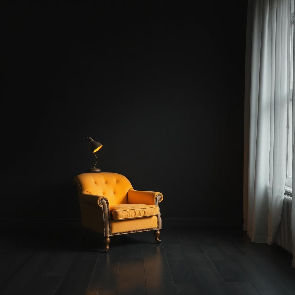 Cinematisches Schwarz-Weiß-Editorial-Stillleben: ein einzelner warm-goldener Vintage-Sessel steht in einem leeren Raum, daneben eine kleine warm-goldene Leselampe — Sessel und Lampe als einzige Farbe im monochromen Bild, Metapher für Magie und Psychohygiene des Alleinseins.