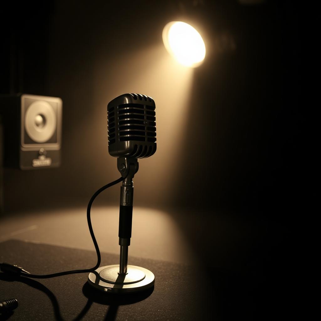 Cinematisches Schwarz-Weiß-Editorial-Bild: ein Vintage-Broadcast-Mikrofon auf dunkler Bühne, im Hintergrund glüht eine warm-goldene On-Air-Lampe als einzige Farbe im monochromen Bild — Metapher für die Komplexität der Menschen hinter einer Morning Show.