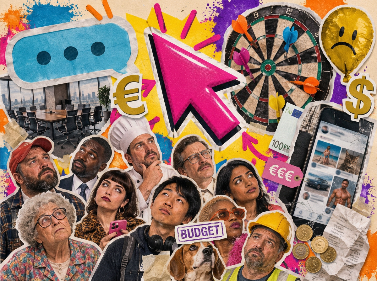 Bunte Pop-Art-Collage auf cremefarbenem Papier: ein riesiger pinker Mauszeiger als Mittelpunkt, darunter eine fragend nach oben blickende Menschengruppe, dazu große goldene Euro- und Dollarzeichen, ein 100-Euro-Schein, ein pinkes Preisschild mit drei Eurozeichen, goldene Münzen und ein gestempelter BUDGET-Zettel – Werbung, die bei den Falschen landet und Geld kostet.